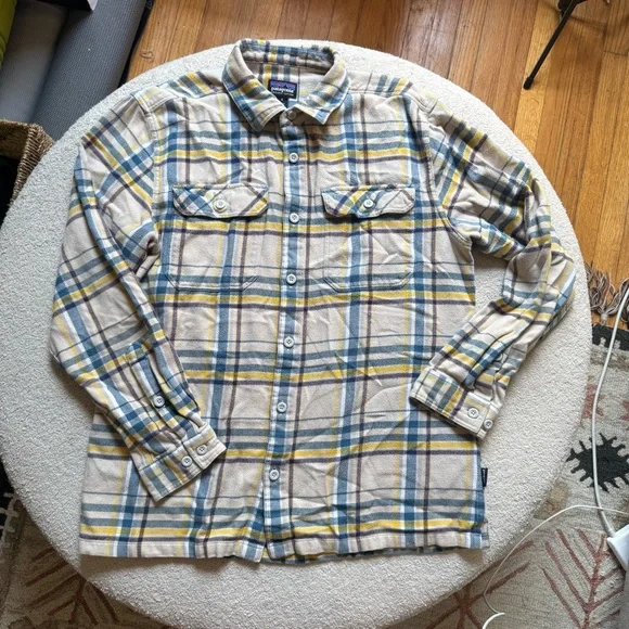 Patagonia Yellow Blue Tan Plaid Flannel Shirt - Picture 1 of 10